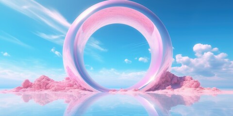 3d rendering abstract fantasy background. Surreal fantastic landscape. Blue sky, white fluffy clouds, neon round linear frame, calm water, pink sand dunes. Virtual reality paradise wallpaper