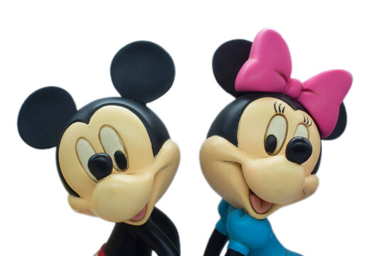 Studio image of Mickey Mouse and Minnie Mouse on a white isolated background.
