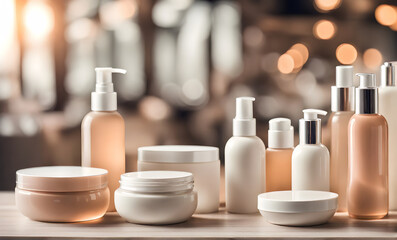 Empty table with beauty products, ideal template