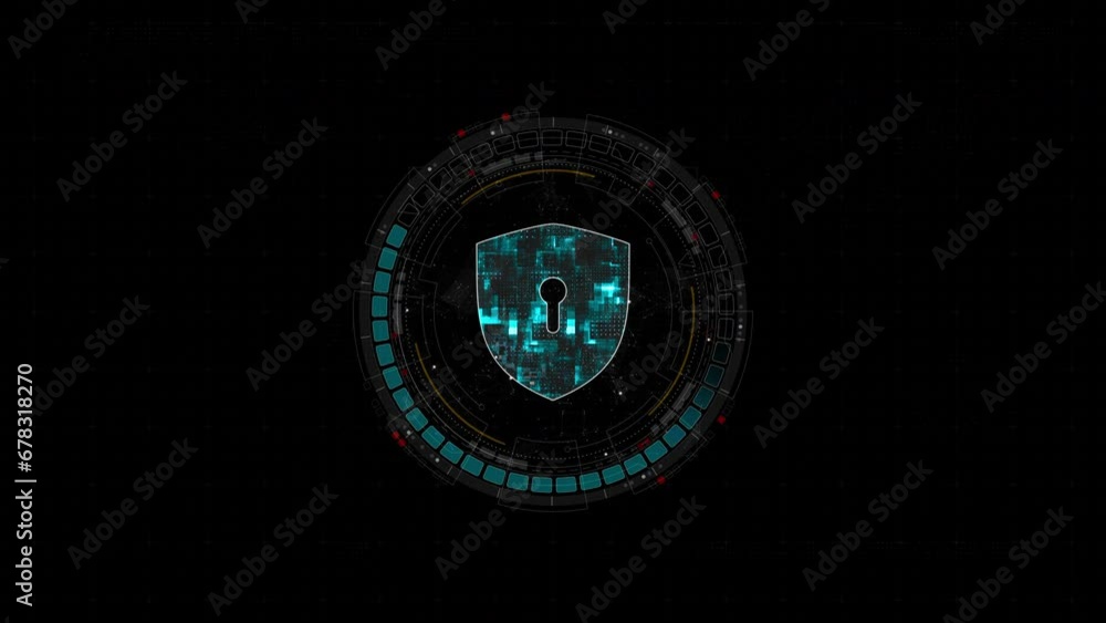Poster motion graphic of blue digital security shield logo and circle futuristic hud elements with network 