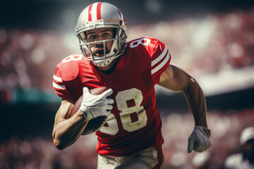 American football player with ball close-up in action in stadium under background light. Athletic, proud football player in a helmet and T-shirt is ready to play.