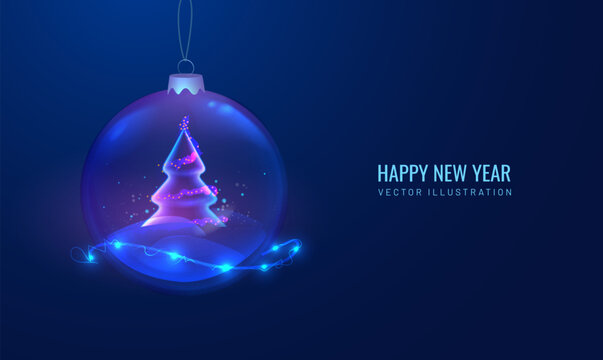 Christmas Ball Toy In Technological Style. Futuristic Cyber Happy New Year Greeting Card. Winter Holiday Background