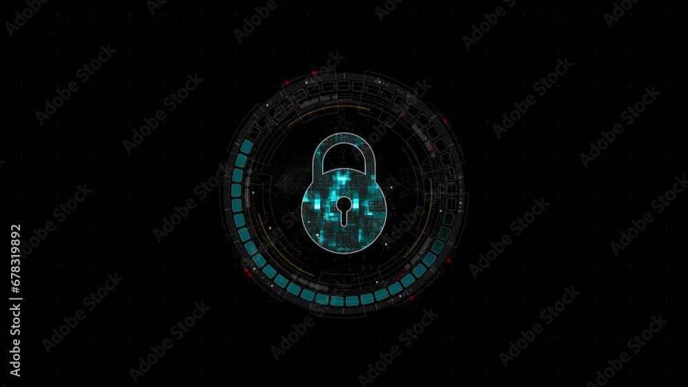 Poster motion graphic of blue digital security key logo and circle futuristic hud elements with network fir