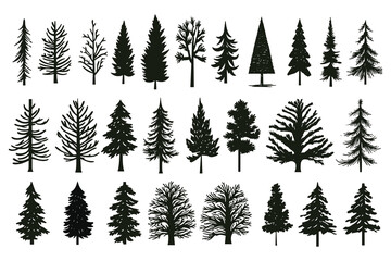 Obraz premium Christmas tree set hand drawn illustration. chritmas tree silhouettes. Christmas pine trees silhouette icon vector illustration