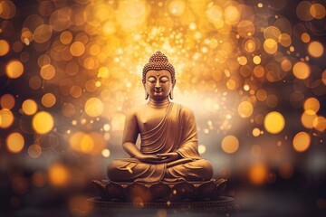 Buddha statue surrounded by blurry bokeh and room for text copy. Mindfulness and meditation concept.