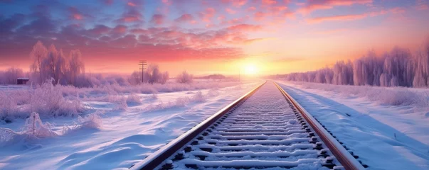 Türaufkleber railway tracks in snowy winter landscape © krissikunterbunt