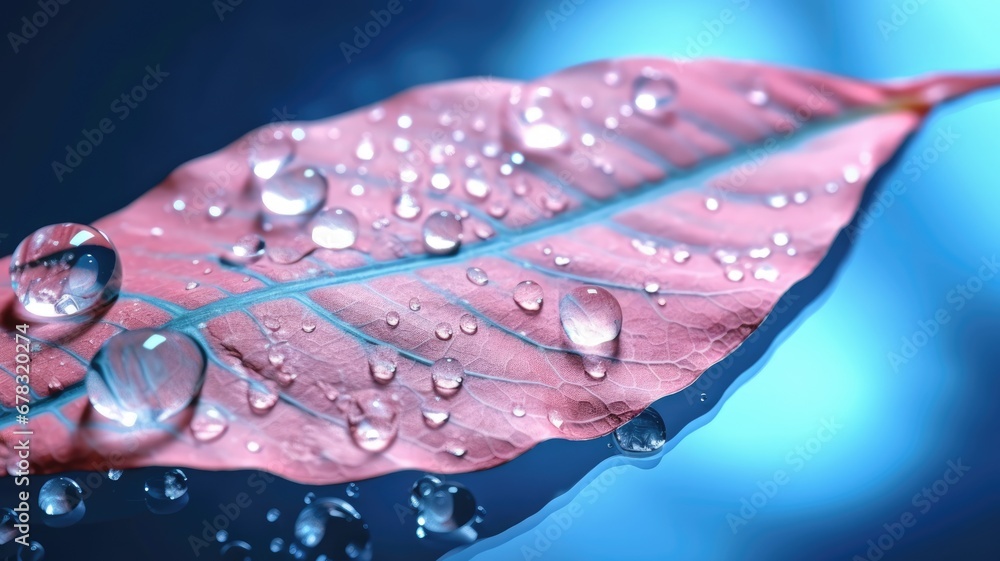Poster the close-up of transparent skeleton leaf with water drops on beautiful texture in a blue and pink b