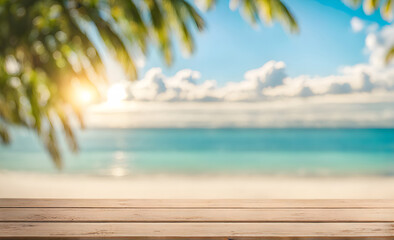 Fototapeta premium Empty wooden table, blurred summer sea background with copy space for your product