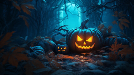 Eerie Halloween Pumpkin Casts its Haunting Glow in a Dark Forest with a Backdrop of the Moonlit Sky AI generated