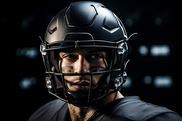 American football player close-up on a black background wearing a helmet