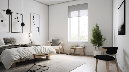 Bedroom decor, home interior design . Scandinavian Industrial style with Pendant Light decorated with White, Light Wood and Metal material . Generative AI AIG26.