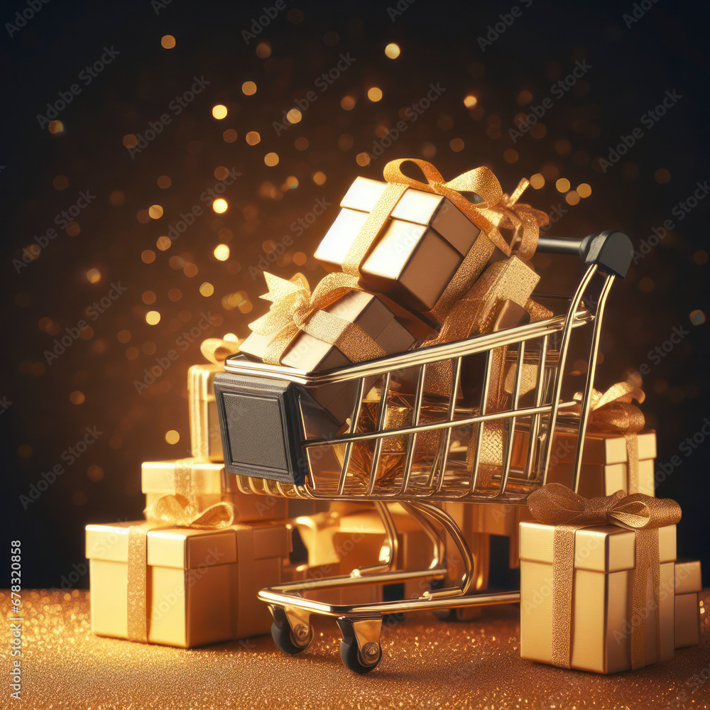 Poster golden shopping cart with many gift boxes on color background with glittered bokeh, black friday con