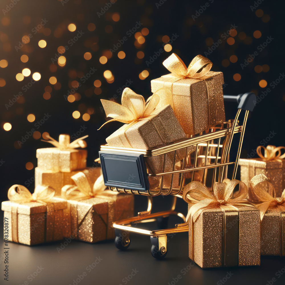 Poster golden shopping cart with many gift boxes on color background with glittered bokeh, black friday con