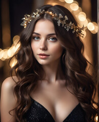 Ethereal Elegance: Charming Brunette with Long, Wavy Hair Adorned in a Fine Garland. generative AI