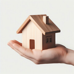 Hand hold minimalistic wooden house on white background. ai generative