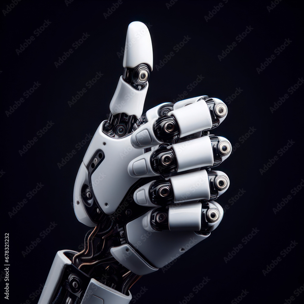 Poster hand of the modern robot showing thumb up on black background. ai generative
