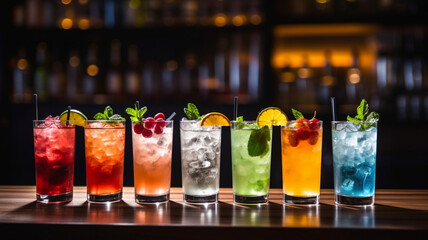 Lots of colorful cocktails in a row on the bar counter of a nightclub or restaurant.