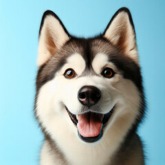 Happy hasky dog smiling on blue background. ai generative