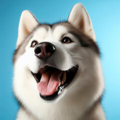 Happy hasky dog smiling on blue background. ai generative