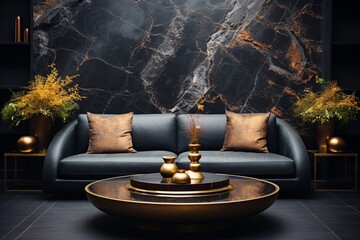 Interior design of modern living room, leather sofa, armchair, golden round coffee table against black marble paneling wall