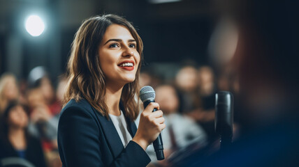 Female presenter speaks to audiences. Scientific conference event, training. 