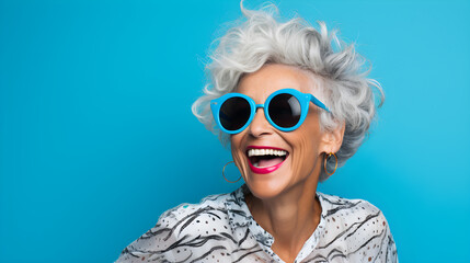 mujer latina madura con cabello gris sonriente y divertida - obrazy, fototapety, plakaty