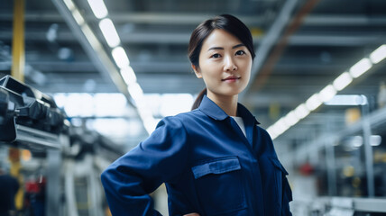 Confident asian female worker working high-tech machinery in a modern automotive manufacturing setting.


