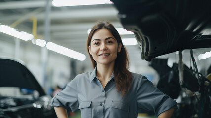 Smiling woman employee of auto parts store. Looks into the camera.