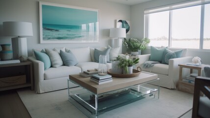 Fototapeta na wymiar Living room decor, home interior design . Coastal Modern style with Ocean View decorated with White Painted Wood and Glass material . Generative AI AIG26.