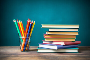 A stack of school books, stationery. Back to school concept.