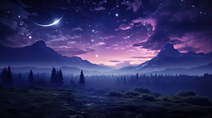 A mesmerizing night sky with a crescent moon illuminating misty mountains and dense forests