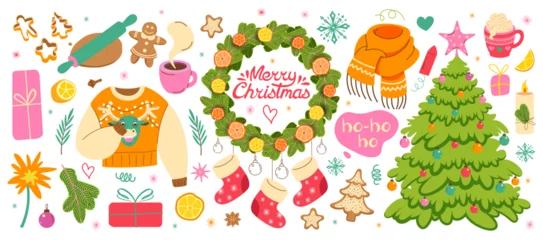 Fotobehang Big Christmas set of festive cozy elements. Xmas ornament, gifts, candles and gingerbread bundle. © Anastasiia