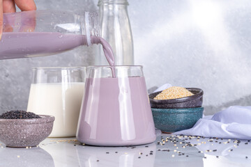 Black and white sesame milk, Alternative vegan non-dairy milk drink on glass and bottles with sesame seeds on light stone background. Raw food, vegetarian natural organic food diet