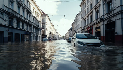 Fototapeta na wymiar Urban Deluge: Flooded City Street with Submerged Cars. Generative AI