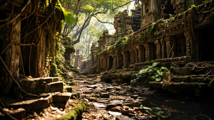 Sunlight filters through a dense jungle illuminating the ancient temple ruins with overgrown foliage. - obrazy, fototapety, plakaty