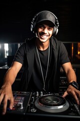 DJ mixing at turntables at the party