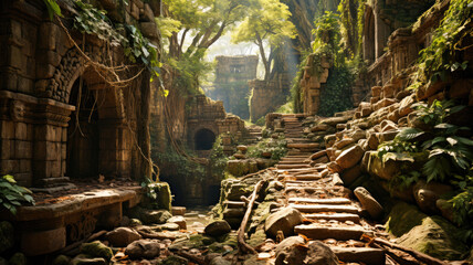 Enchanting image of overgrown ancient ruins in a jungle, with sunlight highlighting the path through the mysterious lost city. Ideal for adventure and travel themes.