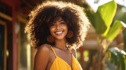 Beautiful Dominican Woman, smiling with afro hair, generative ai