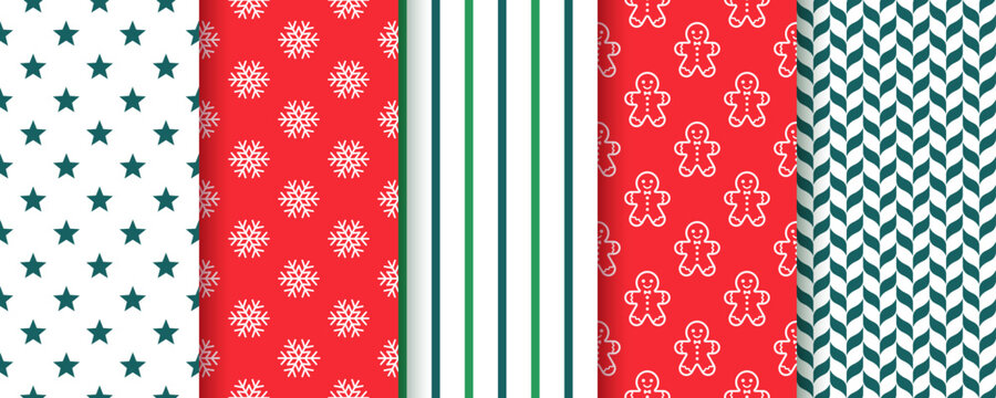 Geometric seamless pattern. Christmas print. Collection backgrounds with snowflake, gingerbread man, star, stripes and herringbone. Set red green wrapping papers. New year texture. Vector illustration