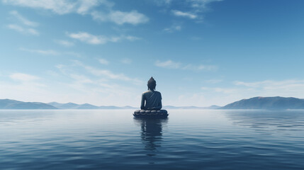 Tranquil Zen: Majestic Buddha Sculpture Amidst the Sea, AI Generated - obrazy, fototapety, plakaty