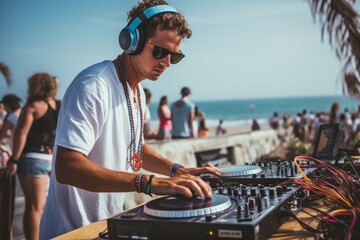 DJ mixing at turntables at the party