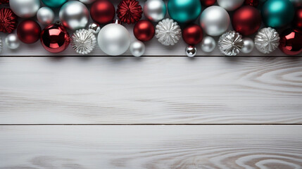 Christmas tree decoration on a wooden background with a white space 