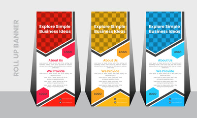 vector business roll up banner design template. 3 colors roll up banner design set.