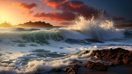 Fototapeta premium Majestic ocean waves crashing on the rocky beach at sunset with vibrant sky in the background.
