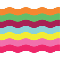 Retro Curly Rainbow Stripes Abstract background groovy Wavy Lines Vector Pattern in pink blue green purple 1970s 1980s Hippie style.