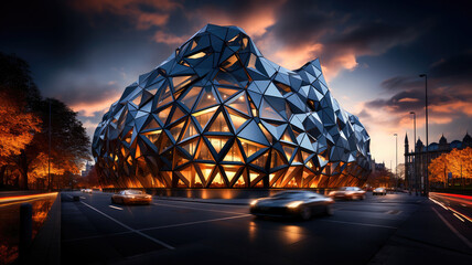 Modern building with a geometric design illuminated at night in a vibrant cityscape with moving cars.