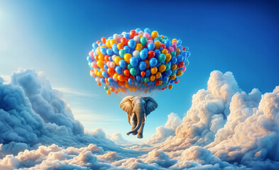 Huge elephant floating or flying hanging from balloons with sky and clouds background. Fantastic surreal fantasy illustration. Concept of freedom.Imagination.Surrealism. Dream. Banner copy space