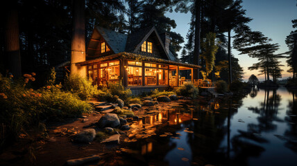 Warm, inviting cabin by a serene lake at sunset, surrounded by a tranquil forest. - Powered by Adobe