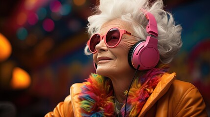 Portrait of a eccentric crazy senior woman listening music in modern stereo headphones. Studio shoot aging model. Retirement life concept, hobby, relaxing, mindfulness