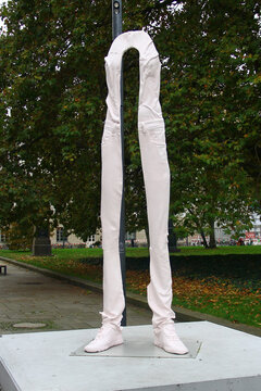Berlin, Germany - November 9, 2023: Tor (Skins), a 2021 aluminium sculpture by Erwin Wurm on Bebelplatz square in Berlin's Mitte district